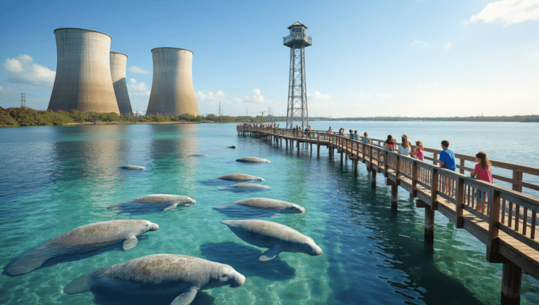 "Families observing manatees from an elevated wooden boardwalk over clear water, with Tampa Electric's power plant cooling towers in the background and an observation tower rising against the blue Florida sky, at Apollo Beach wildlife sanctuary."