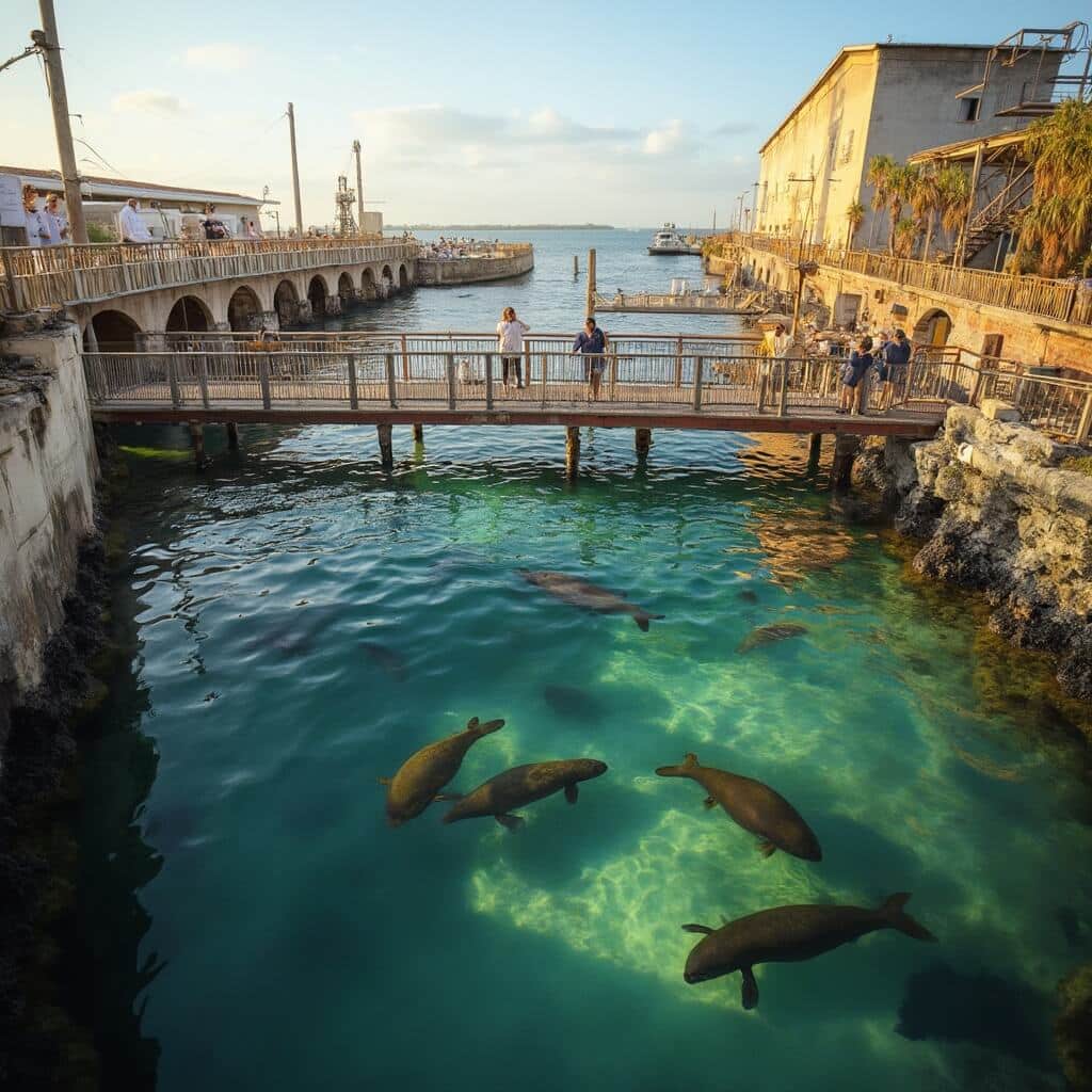Wildlife photography of manatees in warm waters at Tampa Electric Manatee Viewing Center, with visitors on boardwalk system, educational signs, and industrial cooling discharge area in golden afternoon light.