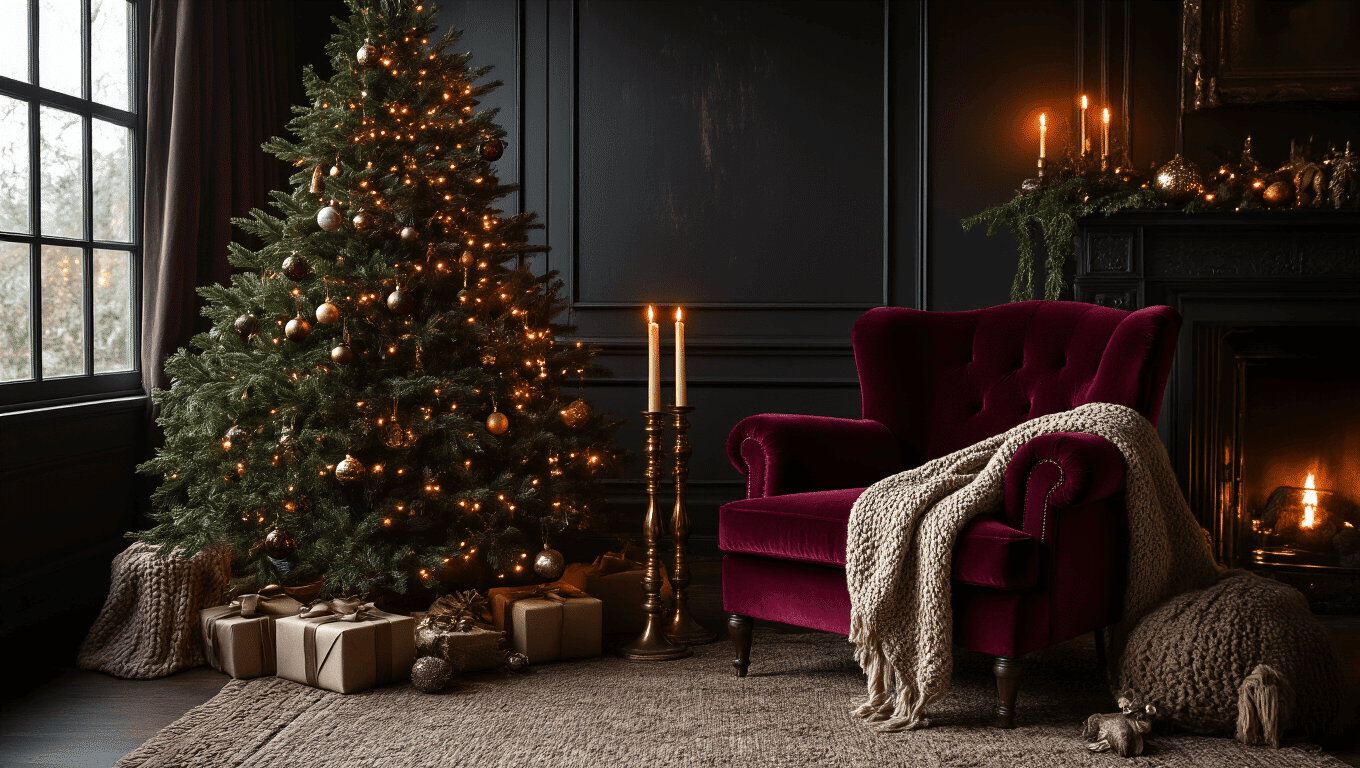 A luxurious moody Christmas living room at dusk, featuring a deep burgundy velvet armchair, a forest green Christmas tree adorned with warm amber lights, antique brass candlesticks casting flickering flames, and rich textures like chunky knit throws and heavy linen curtains against charcoal walls, all illuminated by atmospheric candlelight that highlights vintage ornaments and aged brass accents, creating an intimate winter ambiance.