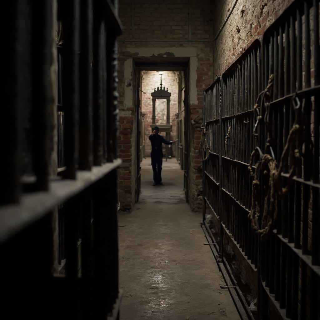 Interpretive guide in costume explaining history to visitors inside the Old Jail St. Augustine maximum-security cell block; focus on iron bars and period restraints against aged brick walls.