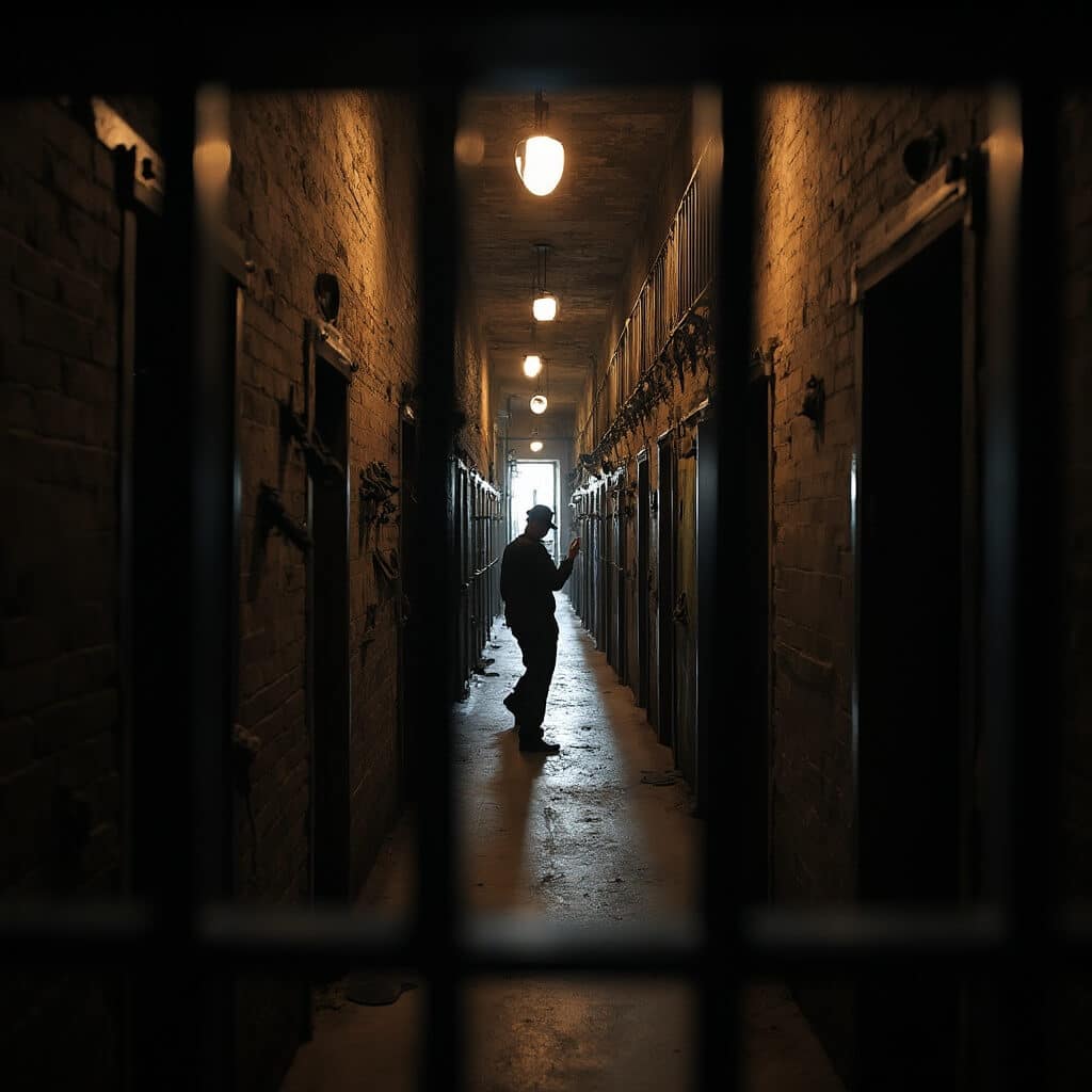 Interpretive guide explaining to audience in Old Jail St. Augustine maximum-security cell block with period restraints and gallows structure, shot in tungsten light