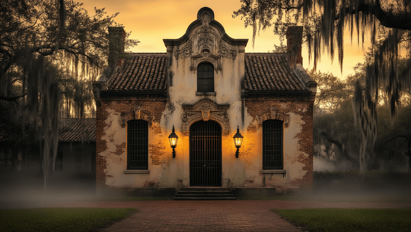 "Old Jail St. Augustine's 1891 Romanesque Revival building at golden hour with ornate pastel Victorian facade, dramatic shadows on brick walls, iron-barred window, period lanterns, Spanish moss-draped trees and foggy atmosphere reflecting its dark history"