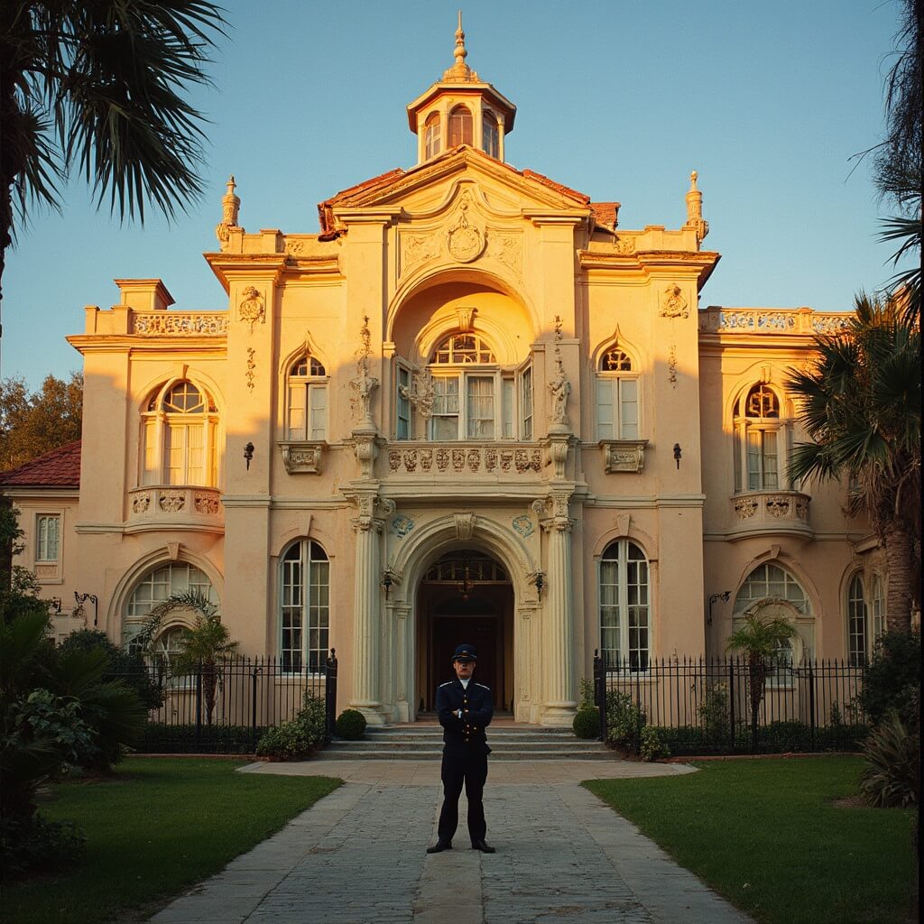 Dramatic wide-angle shot of Old Jail St. Augustine's Romanesque Revival facade illuminated by golden morning light, with a costumed jailer standing at the entrance and no tourists in sight.