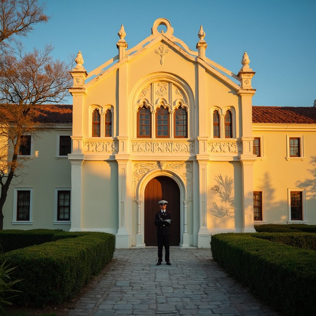 Dramatic photo of Old Jail St. Augustine bathed in golden morning light, featuring ornate Victorian detailing, a lone period jailer at the entrance, and shadows cast across the grounds