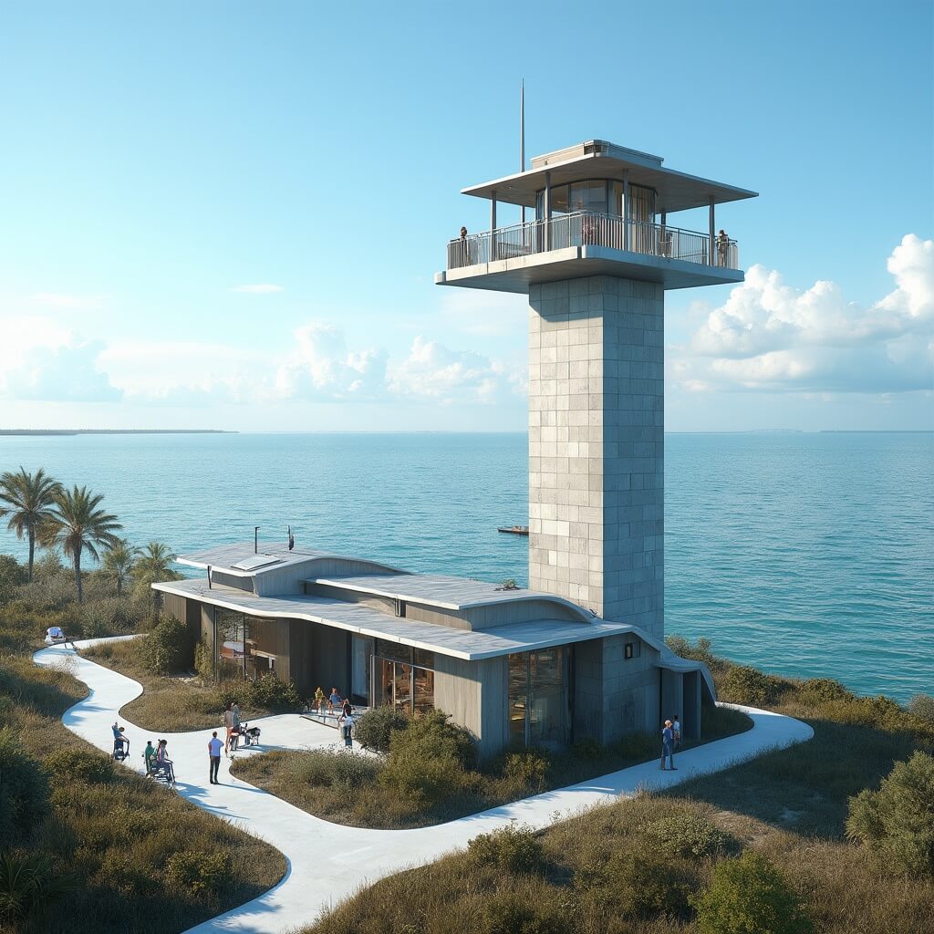 Visitors on wildlife observation tower at Tampa Electric facility, overlooking Tampa Bay with dolphins and rays visible in the distance, and educational center in the foreground