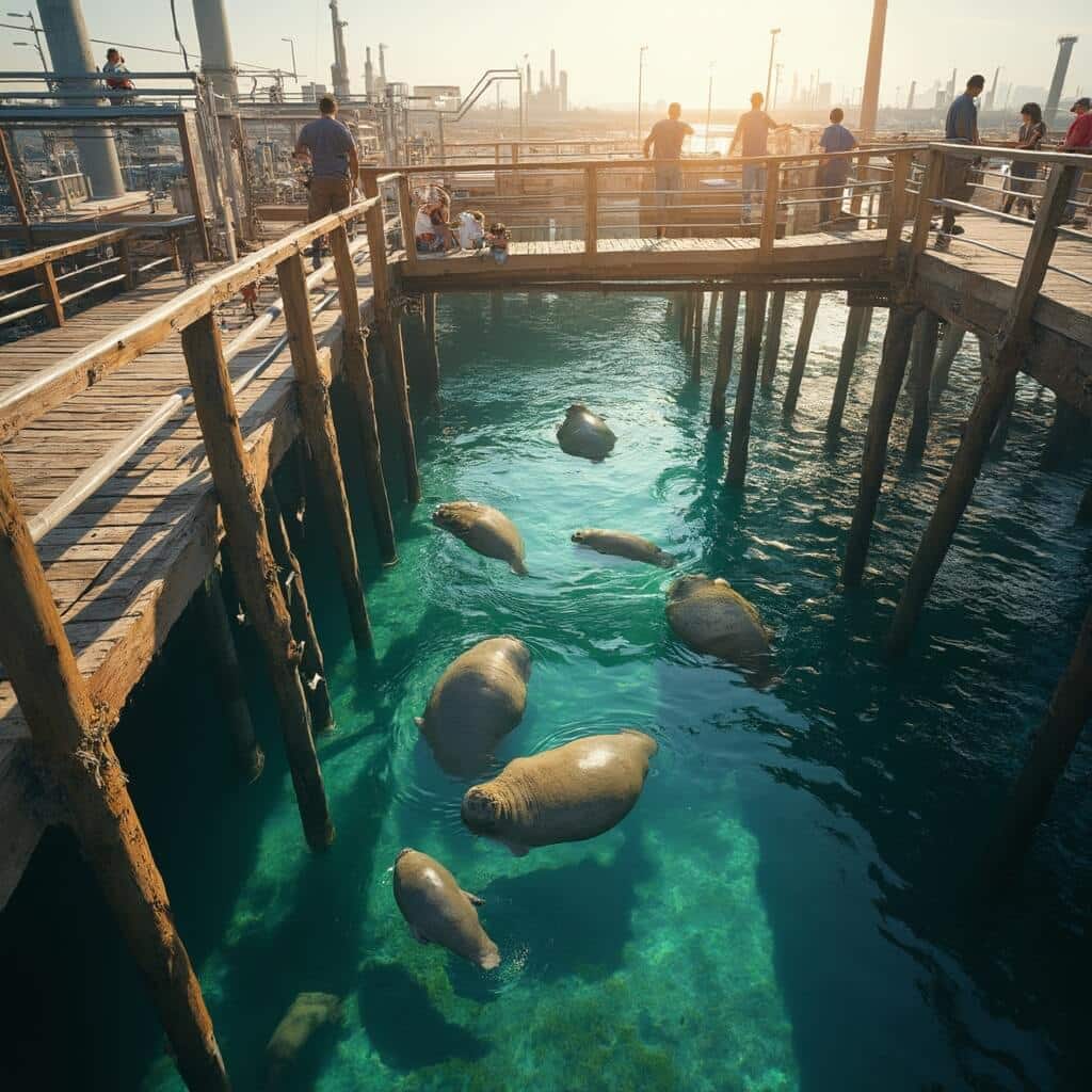 Visitors observing manatees from the elevated wooden boardwalk at Tampa Electric Manatee Viewing Center with educational signage, warm waters below, and Tampa Bay in the background during golden afternoon lighting.