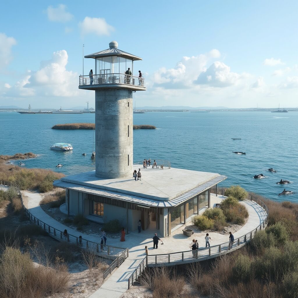 Visitors on 50-foot wildlife observation tower at Tampa Electric facility with panoramic view of Tampa Bay, dolphins, rays, and the modern educational center building.