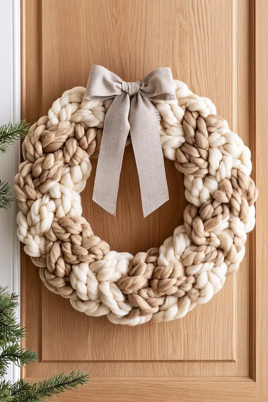 27 Cozy Christmas Yarn Wreaths to Make Your Front Door Feel Festive