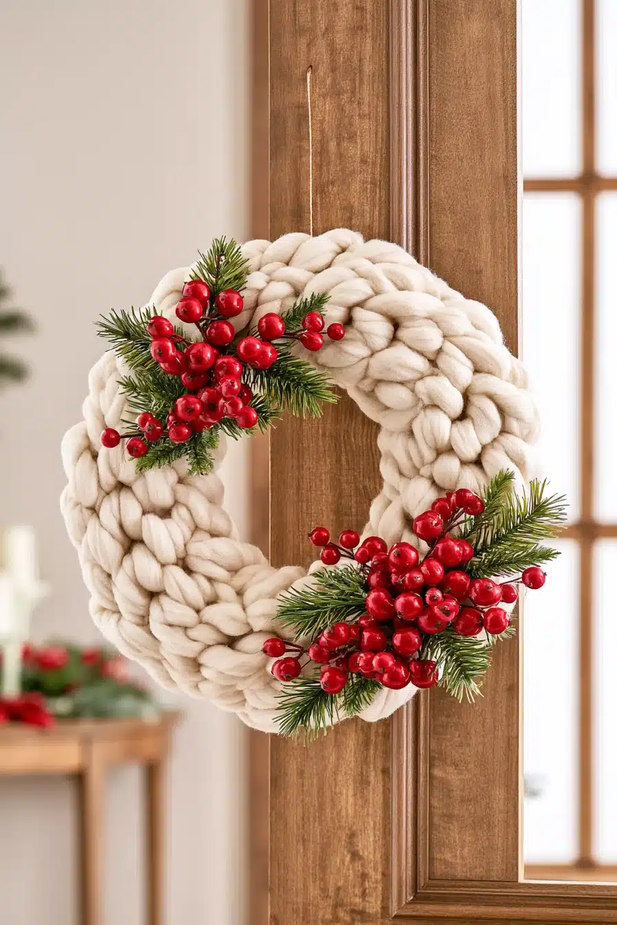 27 Cozy Christmas Yarn Wreaths to Make Your Front Door Feel Festive