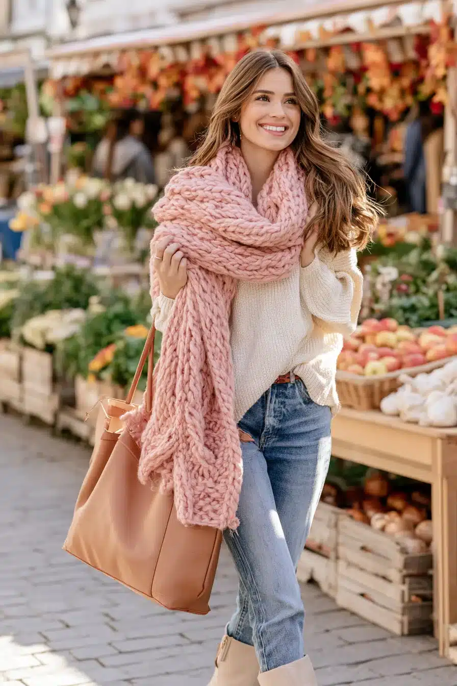 27 Pretty Pink Scarf Outfit Ideas to Brighten Your Cold Weather Wardrobe